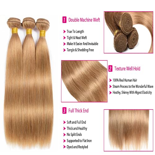 Color #27 Bundle Honey Blonde Straight Human Hair Bundles Brazilian Grade 8A Virgin Hair Extensions 24 24 24 Inch Double Weft 27 Straight Hair Weave