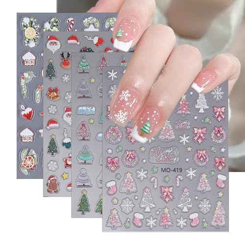 6Sheets Christmas Nail Art Stickers 3D Self Adhesive Nail Decals Pink Christmas Tree Holly Snowflake Christmas Wreath Designs New Year Xmas Holiday Nail Supplies for Women DIY Manicure Decoration