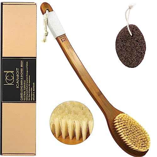 ICANdOIT-17.71Inch Natural Boar Bristles Anti-Slip Long Handle Bath Brush,Bent Handle Shower Scrubber for Exfoliating,Shower Back Brush,Exfoliation Set with Pumice Stone (1 Pack)