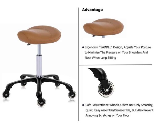 Hydraulic Saddle Stool with Wheels Height Adjustable Stylish Ergonomic Rolling Swivel Chair for Hygienic Clinic Salon Tatoo Massage Office (Camel)