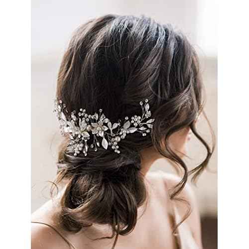 SWEETV Wedding Hair Clip Comb Handmade Bridal Hair Accessories for Women Wedding Hair piece,Silver