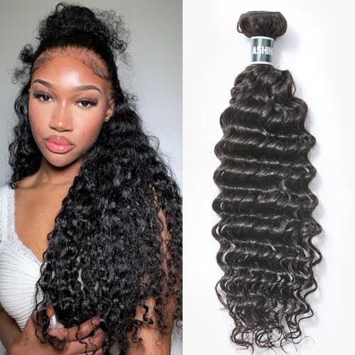 ASHINE Human Hair Bundle Deep Wave Unprocessed Cambodian Raw Hair 22 Inch, Flip Over Quick Weave Wet and Wave Bundles for Women Natural Black