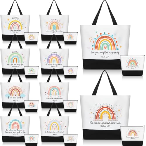 Aliceset 20 Pcs Christmas Christian Bags for Women Include 10 Canvas Tote Bags with 10 Bible Verse Makeup Bag Inspirational Religious Church Gifts for Sunday School