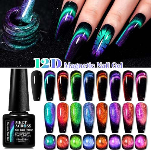 MEET ACROSS 12D Cat Eye Gel Nail Polish Set, Colorful Holographic Cat Eye Glitter Gel Polish Blue Purple Green Nail Gel Polish Kit with Base Top Coat and Magnet Soak Off Nail Art Gel DIY Salon Gift