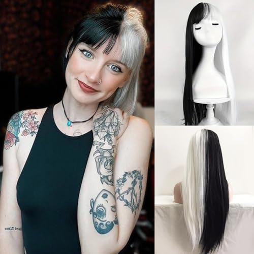 28 inch Long Straight Black and White Cosplay Wig with Bangs Natural Hair Fiber Synthetic Wig for Women and Girls, Perfect for Halloween,Holidays, Festivals, Christmas, Parties, and Cosplay