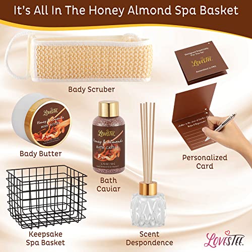 Mother's Day Spa Gift Baskets For Women, Honey Almond Body Set, Birthday Gift - Shower Gel, Bubble Bath, Body Butter, Bath Salt, Oil, Candle, Caviar, Soap, Home Diffuser, Scrubber