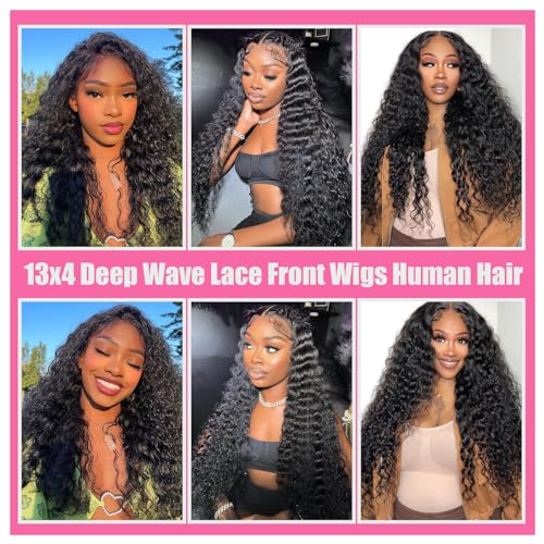 28 Inch Deep Wave Lace Front Wigs Human Hair 13x4 Deep Curly Frontal Wig Pre Plucked 180% Density HD Transparent Lace Front Wigs for Black Women Deep Wave Frontal Wigs with Baby Hair