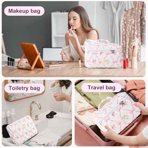 3Pcs Cotton Quilted Makeup Bag Large Travel Cosmetic Bag Coquette Makeup Pouch Cute Aesthetic Floral Toiletry Bag for Women Girls (flower-R)