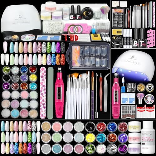 58PCS Acrylic Nail Kit for Beginners with Everything, 3 Colors Professional Acrylics Powder with Drill and U V Light 24pcs Glitter Decoration Powder Complete Nail Kit Acrylic Set Home Salon Design