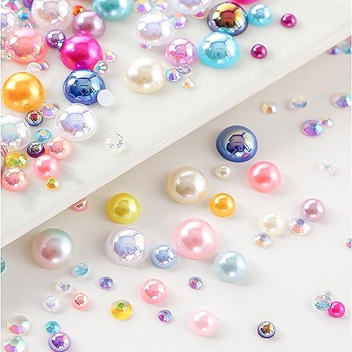 Flatback Pearls Rhinestones for Craft 30g 1400Pcs (2-10mm) Half Round Resin AB Color Rhinestones Pearls for Nail Art Face Body Tumblers-Green