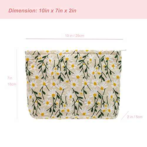Makeup Bags for Purse Zipper Cosmetic Pouch Large Travel Canvas Make Up Organizer Tool Pouch for Women and Girls,Daisy White