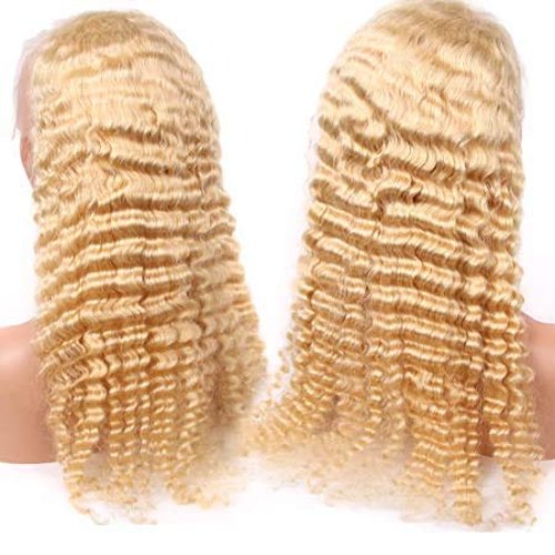 Blonde Virgin Human Hair Wigs Water Wave 18Inch 150% 13x6 Lace Frontal Wigs Deep Parting with Baby Hair Pre Plucked Natural Hairline Wet and Wavy Hair Wig Deep Wave 613 Lace Wigs(Can Be Dyed)