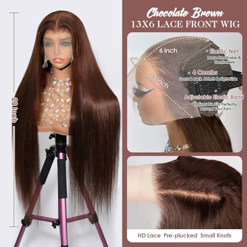 Chocolate Brown(#4) Straight Wig Human Hair, 13x6 HD Lace Front Wigs Human Hair, Glueless & Pre Plucked Human Hair Wig with Baby Hair, 180% Density Ash Blonde Wig (20inch)