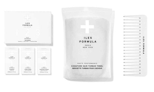 Iles Formula Limited Travel Edition Hair Care Set with Mini Shampoo, Conditioner, Finishing Serum, Comb, & Absorbent Turban Hair Towel, Travel-Friendly