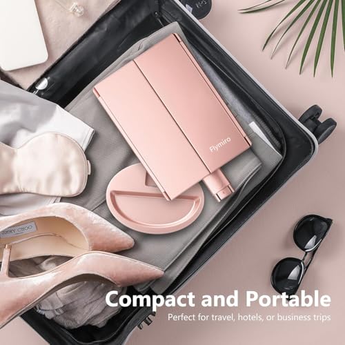 Tri-fold Lighted Vanity Makeup Mirror with 3x/2x Magnification,21 LEDs Light and Touch Screen,180 Degree Free Rotation Countertop Cosmetic Mirror,Travel (Rose Gold)