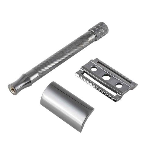 MERKUR 23B Double Edge Safety Razor - Black Long Knurled Brass Handle Made in Germany Plastic-Free Three Piece Design Closed Comb Straight Bar