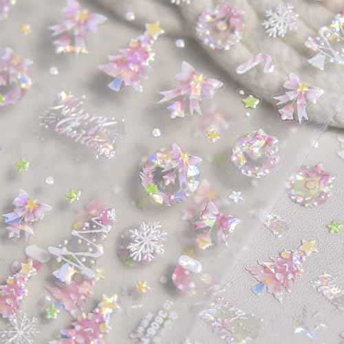 1 Sheet Pink Aurora Christmas Nail Art Sticker 5D Embossed Christmas Tree Snowflake Bowknot Cute Christmas Stocking Nail Decal Acrylic Design Women DIY Nail Salon
