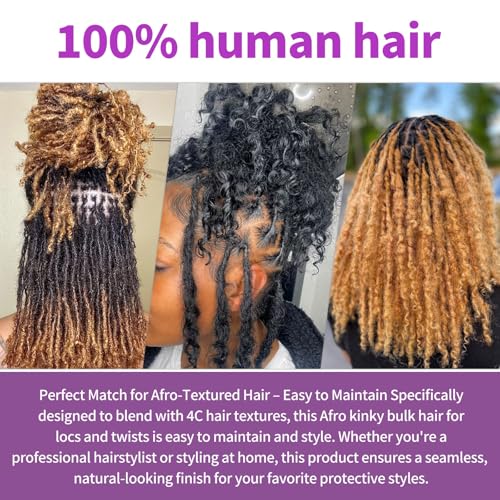 ¡°Afro Kinky Curly Bulk Human Hair 16 Inch, 100 g (2 ¡¿ 50 g Bundles)100% Human Hair for Loc Extensions, Braiding, Mini Twists, Crochet & Loc Repair, #1B Natural Black, with Hook & Comb¡±