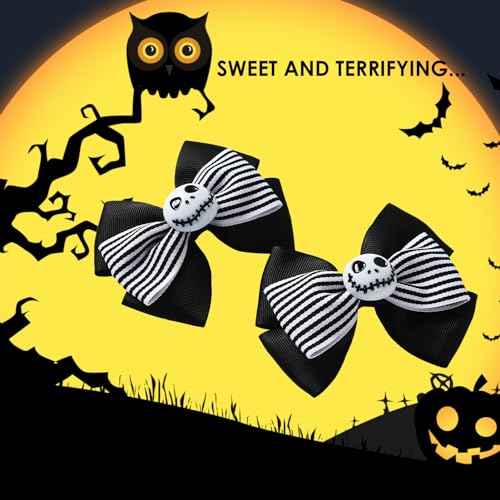 2Pcs Ghost Skull Hair Bows Black White Striped Ribbon Hair Clip Christmas Halloween Accessories Party Decorations