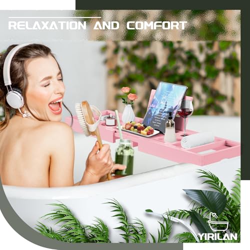 Yirilan Premium Bathtub Tray Caddy - Expandable Bath Tray - Unique House Warming Gifts, New Home, Anniversary & Wedding Gifts for Couple, Bridal Shower Gift for Women-Pink