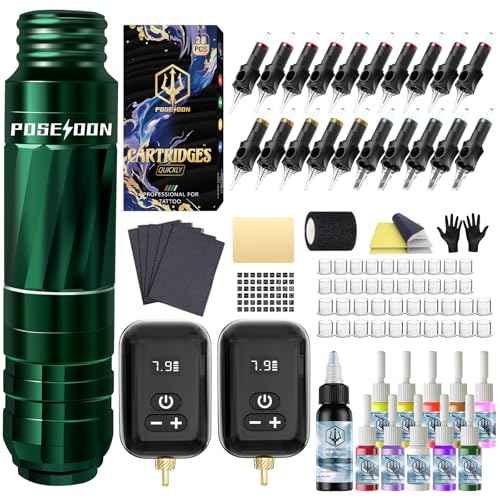 POSEIDON Tattoo Kit Tattoo Gun Kit with 2Pcs 1500mAh Battery Tattoo Machine Kit with 20Pcs Tattoo Cartridge Needle 11Pcs Inks Complete Tattoo Supplies for Beginner