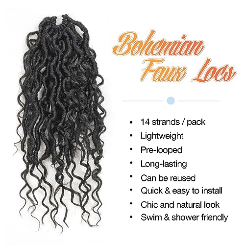 ToyoTress Boho Faux Locs Crochet Hair - 14 Inch 8 Packs Natural Black Bohemian Locs Crochet Hair With Curly Ends for Black Women, Short Pre-looped Synthetic Braiding Hair Extensions£¨14 Inch, 1B-8P)