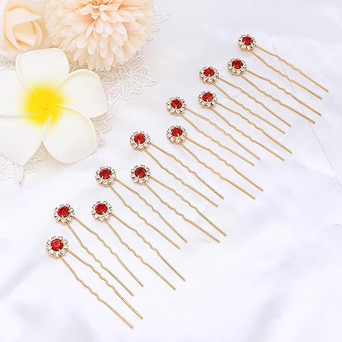 Ammei Crystal Bridal Hair Pins Clips Wedding Hair Accessories Hair Set Jewelry With Rhinestone For Brides and Bridesmaids Set Of 12 (Red)