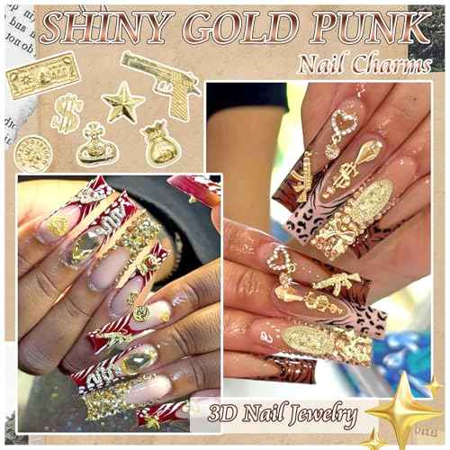 BELICEY 120Pcs 3D Gold Nail Charms, 12Styles Alloy Dollar Gun Coin Nail Art Charms, Golden Punk Star Cross Virgin Mary Charms for Nails, Mix Nail Jewelry Rhinestones for Nails Design Manicure Crafts