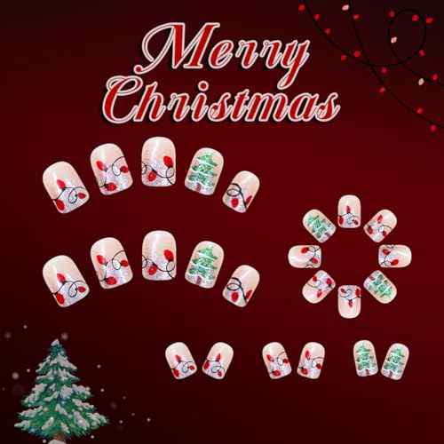 Christmas Press on Nails Lamp Fake Nails Silver Glitter French Tip False Nail with French Tip Design Xmas Tree Glue on Nails Acrylic Nail Glossy Full Cover Stick on Nail for Women Manicure 24Pcs
