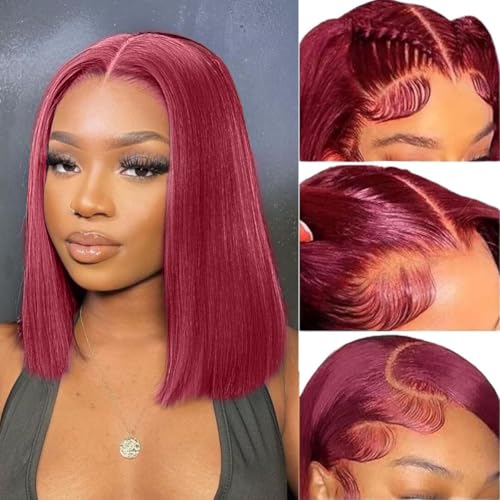 LICHANG 99J Burgundy Bob Wig Human Hair 200 Density 13x4 HD Transparent Straight Lace Front Wigs Human Hair Short Bob Wig Pre Plucked With Baby Hair Natural Hairline Glueless Wig Wine Red 12 Inch