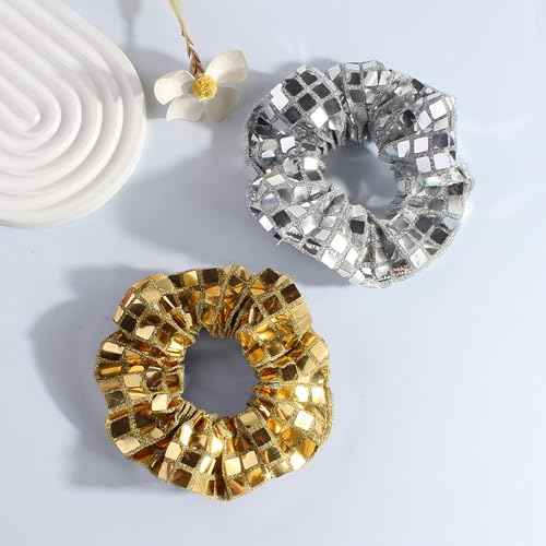 4-Pack Disco Scrunchies, 3.94 Inches Sparkly Sequin Scrunchies Set for Women, Gold Silver