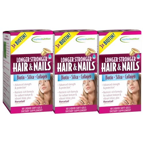Applied Nutrition Longer Stronger Hair & Nails - 60 Liquid Soft-Gels - Biotin, Silica & Collagen - 30 Servings