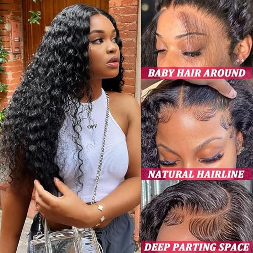 30 Inch Deep Wave Lace Front Wigs Human Hair 200% Density Pre Plucked 13x6 HD Transparent Lace Frontal Wigs Human Hair For Women Deep Curly Glueless human hair wig (Black, 30 Inch)