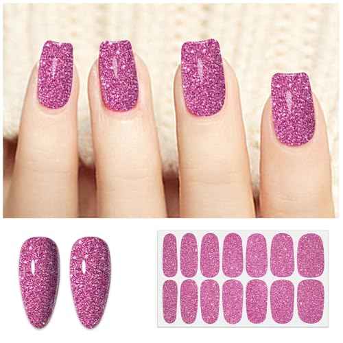SILPECWEE 8 Sheets Nail Stickers Full Nail Wraps (Pink Solid & Glitter), Self Adhesive Nail Polish Strips, Gel Strips Design Fingernail Sticker Nails for Women with File