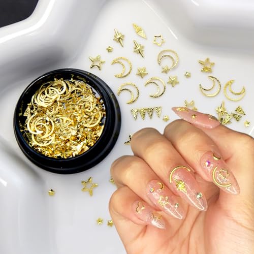 2 Box Gold Star Moon Nail Charms 3D Metallic Art Studs for Jewelry Decorations Luxury Design Supplies Accessories DIY Acrylic Kit