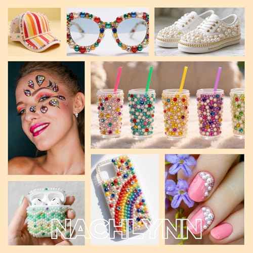 NACHLYNN 10000 Pcs Pink White Rhinestones and Pearls 3-8mm Half Pearl Bead Resin Rhinestones Kits Comes with Jewelry Pen and Tweezers Suitable for Nail Art Clothing Handmade DIY Decoration