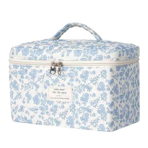 Makeup Bag, Quilted Cosmetic Bags, Large Cotton Floral Makeup Bag for Women, Cute Flower Coquette Aesthetic Travel Toiletry Organizer Bag