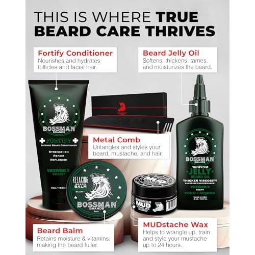 Bossman Complete Beard Kit ? Men's Beard Oil Jelly, Fortifying Shower Conditioner, Balm, Mustache Wax & Comb ? Beard Softener & Grooming Care ? Men Gift Set (Magic Scent)