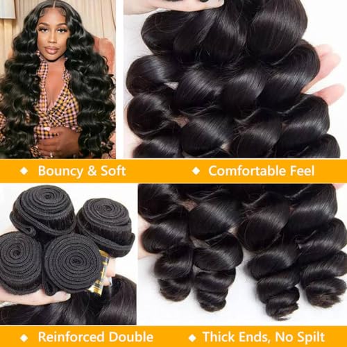 QTHAIR 16A Brazilian Virgin Hair Bundles 16" 18" 20" Loose Wave Hair Bundles 100% Human Hair Loose Wave Unprocessed Virgin Human Hair Extensions Natural Color