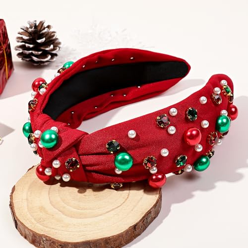 Ivyu Christmas Headbands for Women Adults Girls Red Headband with Jeweled Pearl Sparkly Headbands