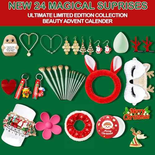 Advent Calendar 2025 Holiday Beauty Advent Calendar For Teen Girls & Adult Women, New Year 24PCS Beauty Fashion and Jewelry Sets Makeup Gifts, Christmas Countdown Calendar Gift for Mom, Wife, Sister