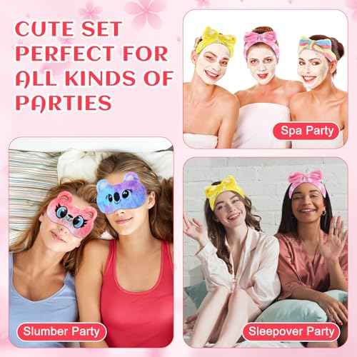 16 Pcs Sleepover Party Supplies 8 Animal Sleep Eye Masks 8 Bow Makeup Headbands Plush Sleeping Eye Mask for Christmas Gift Washing Face Makeup Shower Women