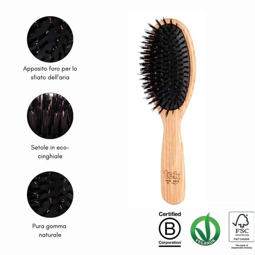 TEK - Large Oval Brush with Ecological Bristles Handmade in Italy, for Fine Hair - 22 x 6 cm