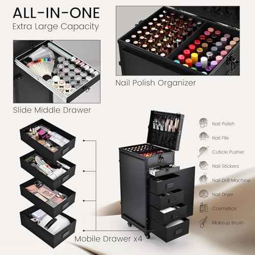 Joligrace Rolling Manicure Table 5 Drawers Makeup Case Foldable Nail Desk Cosmetology Case on Wheels Nail Tech Table with Brush Pouch for Technician Workstation Mobile Makeup Artist Trolley Black