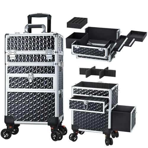 Joligrace Large Rolling Makeup Train Case with Foot-Brake Wheels, Removable Shoulder-Strap Makeup Carrying Case, Adjustable Compartments, Built-in Nail Polish Drawer, and Detachable Drawer
