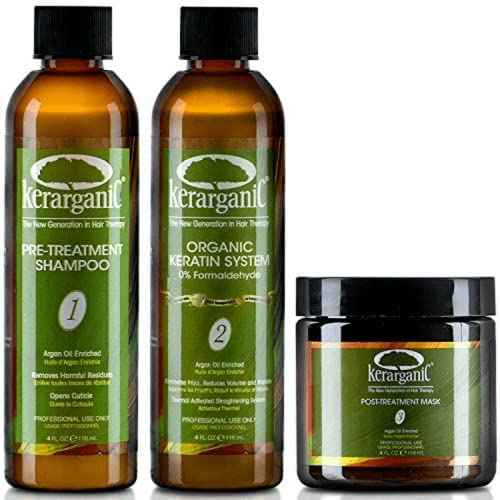 KERARGANIC Formaldehyde-Free Keratin System DIY Set: Pre-Treatment Shampoo, Hair Treatment, Post-Treatment Mask with Argan Oil - (4oz each)