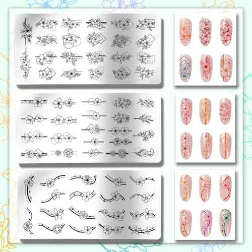 PH PandaHall 3pcs Border Flowers Nail Stamp Plates, Geometric Line Flowers Nail Stamper Plant Nail Art Stencils Print Nail Stencils Stainless Steel Nail Image Plate for Nail Art Design Manicure Salon