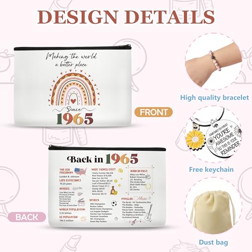 60th Birthday Gifts for women, 1965 60 Year Old Birthday Decorations Makeup Bag with Natural Stone Bracelet and Keychain, Gift Ideas for Woman, Her, Grandma, Mom, Wife, Sister, Teacher