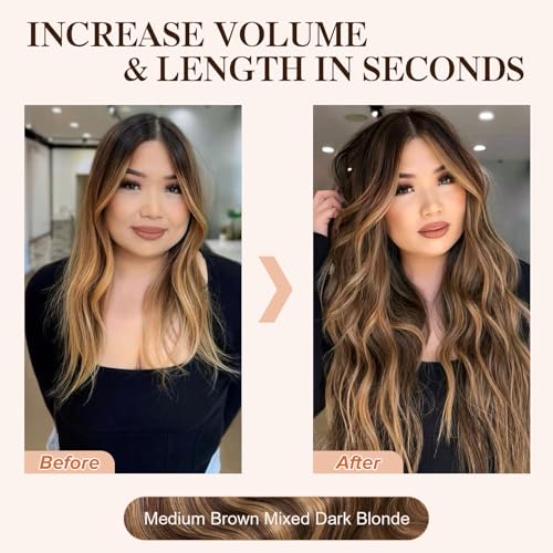 Halo Hair Extensions Real Human Hair,S-noilite 100% Wavy Human Hair Halo Extensions for Women65g/16inch 4P27 Medium Brown Mixed Dark Blonde