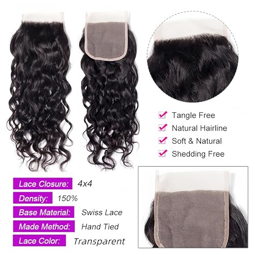 Brazilian Water Wave with Lace Closure - Wet and Wavy Hair, Deep Curly Human Hair 5 Bundles (50g/bundle) with 4x4 Lace Closure (16/16/16/16/16+16")
